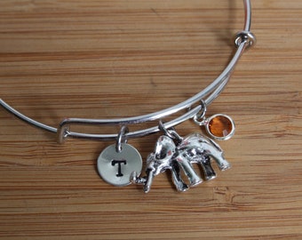 Elephant Bracelet, Personalized Birthstone Bracelet, Elephant Initial Bangle, Silver Elephant Bangle, Adjustable Bangle, Elephant Jewelry