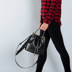Black vegan leather bucket bag, Small cross body bag, Fringe purse, Drawstring bucket bag, Everyday bucket bag, Mother&#39;s day gift, Mom gift
