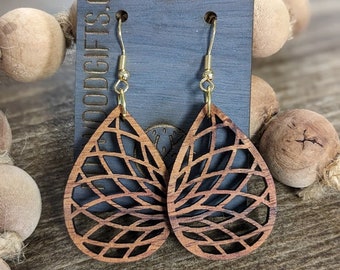 Teardrop Geometric Patterned Earrings in Koa Wood