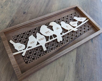 Birds Family Tree Wood Rattan Frame - Fully Customized Gift