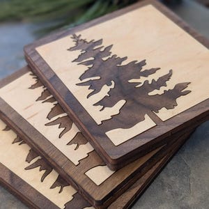 Pine Tree Inlay Wood Coaster Set - Made in Canada - Forest, Woods Custom Souvenir, Personalized