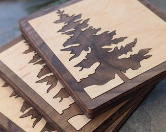 Pine Tree Inlay Wood Coaster Set - Made in Canada - Forest, Woods Custom Souvenir, Personalized