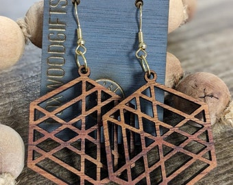 Geometric Hexagon Koa Wood Earrings