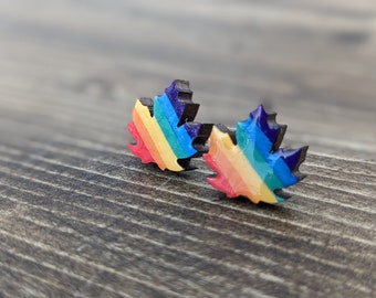 Rainbow Handmade Reclaimed Wood Maple Leaf Earrings