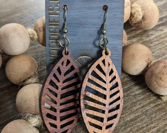 Leaf/Feather Geometric Pattern Koa Wood Earrings