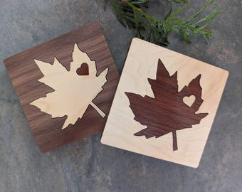 Maple Leaf Wood Inlay Coaster Set - Made in Canada