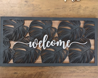 Welcome Sign - Monstera Leaf, Flat Black