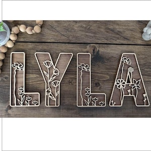 Letrero de madera con nombre - Letrero infantil con letras florales - Habitación infantil para niño y niña - Madera natural