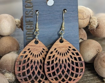 Geometric Basketweave Teardrop Koa Wood Dangle Earrings