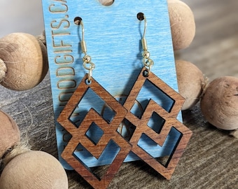 Geometric Triangle-Patterned Koa Wood Earrings