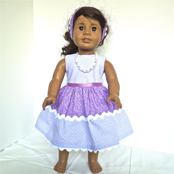1-Purple and Lilac floral dress With Ric Rac Trim, with headband, and necklace, Handmade for 18" Doll like american girl - Made in America