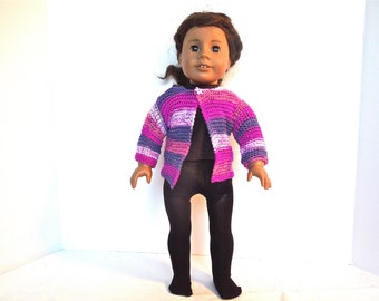 31-Handknit HotPink, Pinks and Denim Blue Striped Sweater,Single Button,3/4 Sleeves- fits 18" dolls like American Girl - Handmade in America