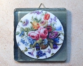 Flowers art tile Sèvres Porcelain on smoked glass tile