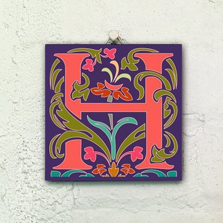 Illuminated manuscript letter H ceramic tile | Etsy