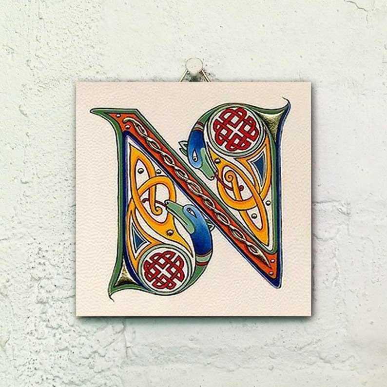 Illuminated manuscript letter N ceramic tile | Etsy