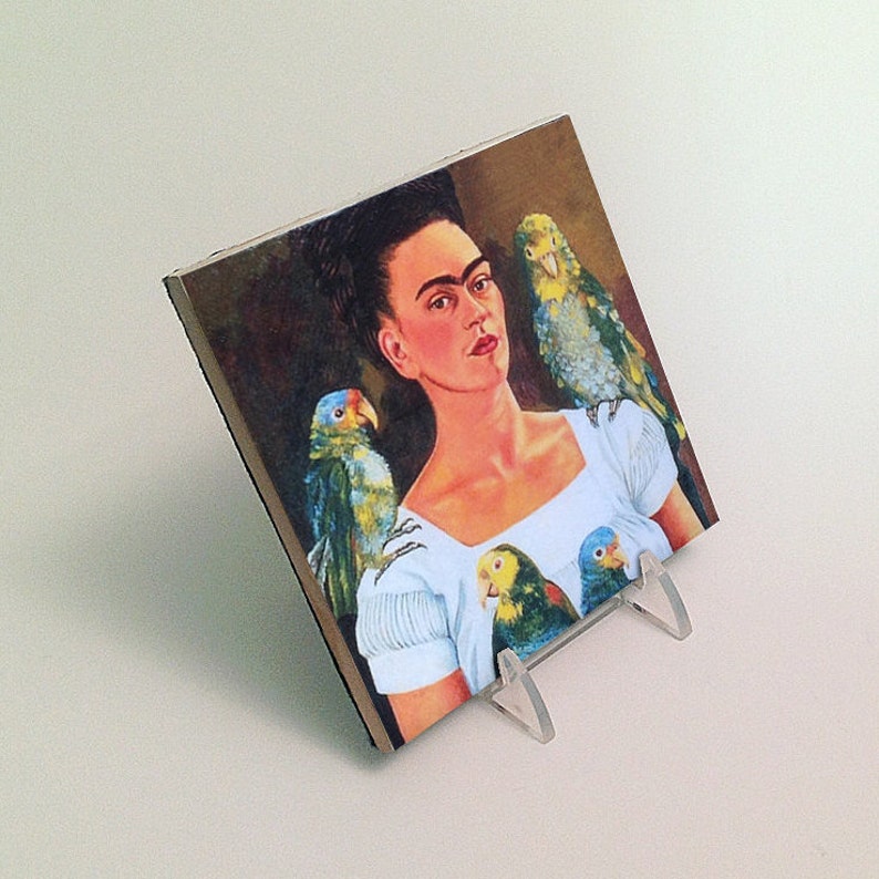 to hang or display Frida Kahlo with parrots ceramic tile