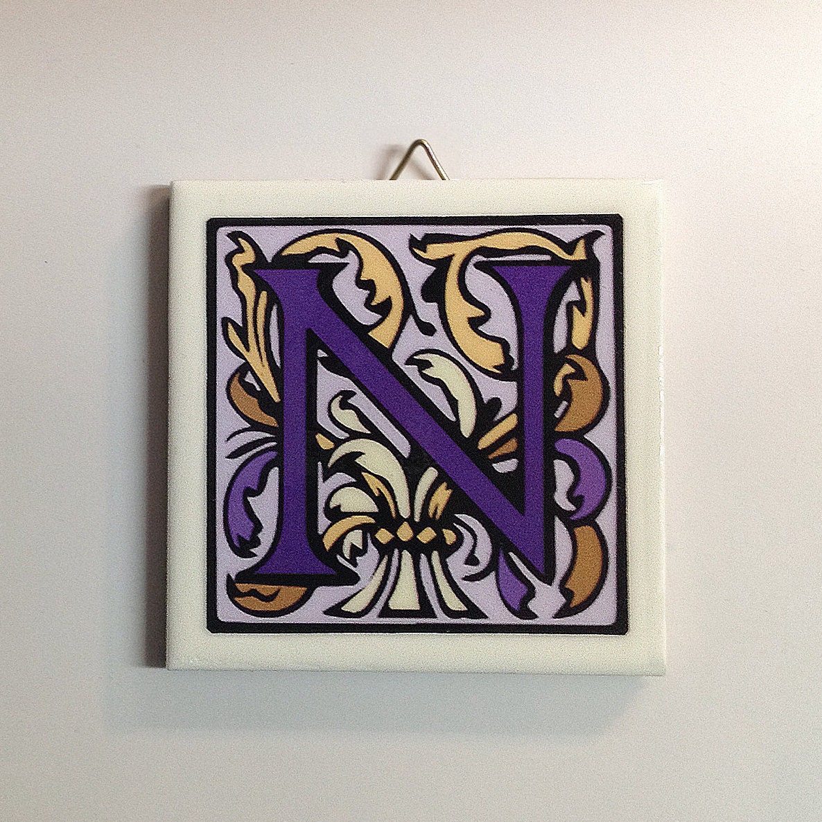 Illuminated manuscript letter N ceramic tile to | Etsy