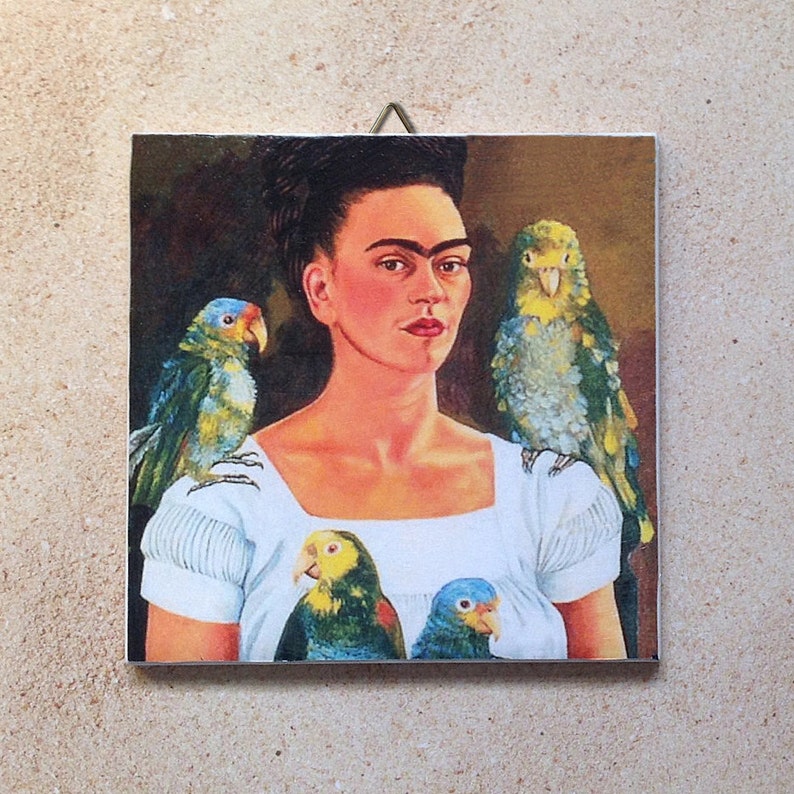 to hang or display Frida Kahlo with parrots ceramic tile