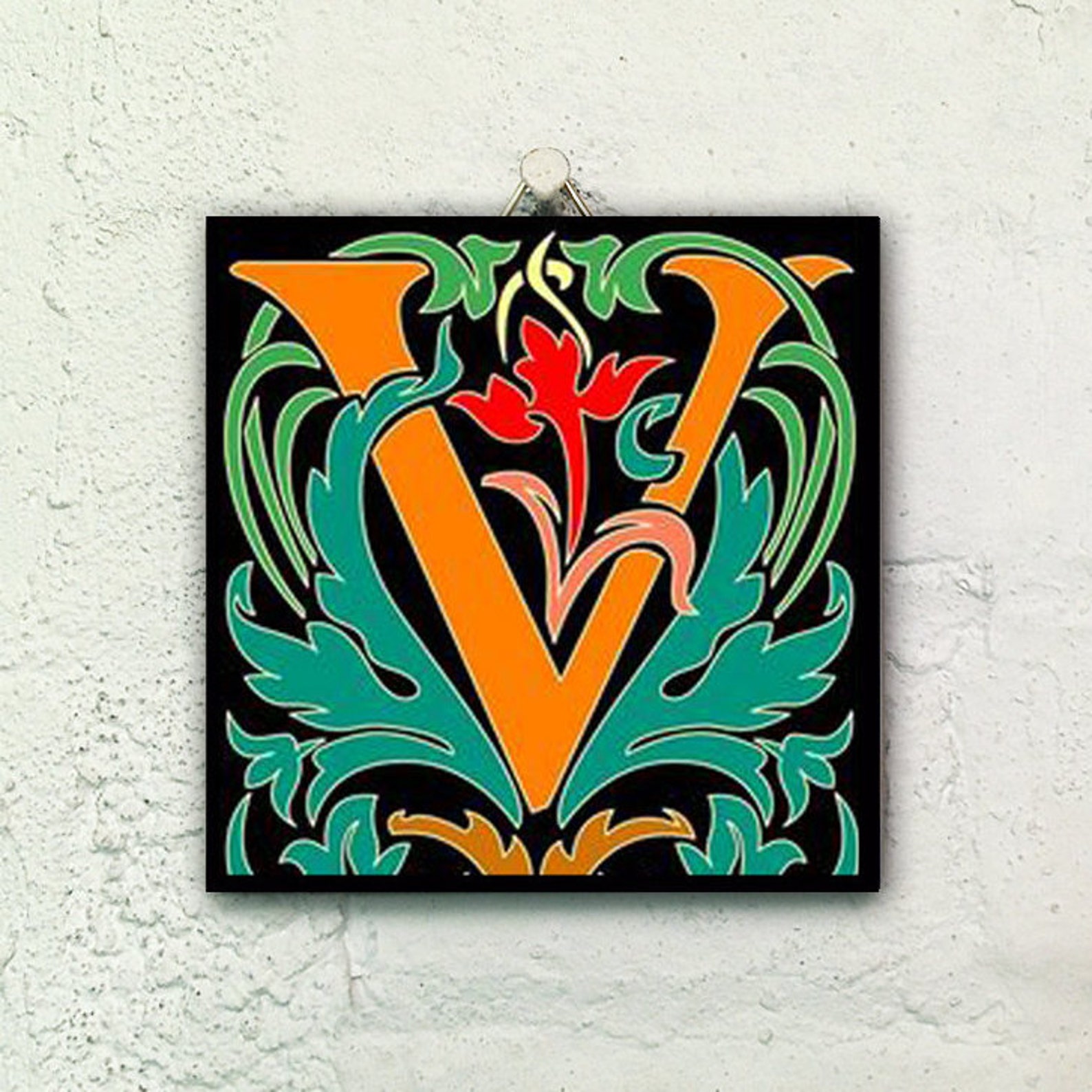 Illuminated manuscript letter V ceramic tile | Etsy