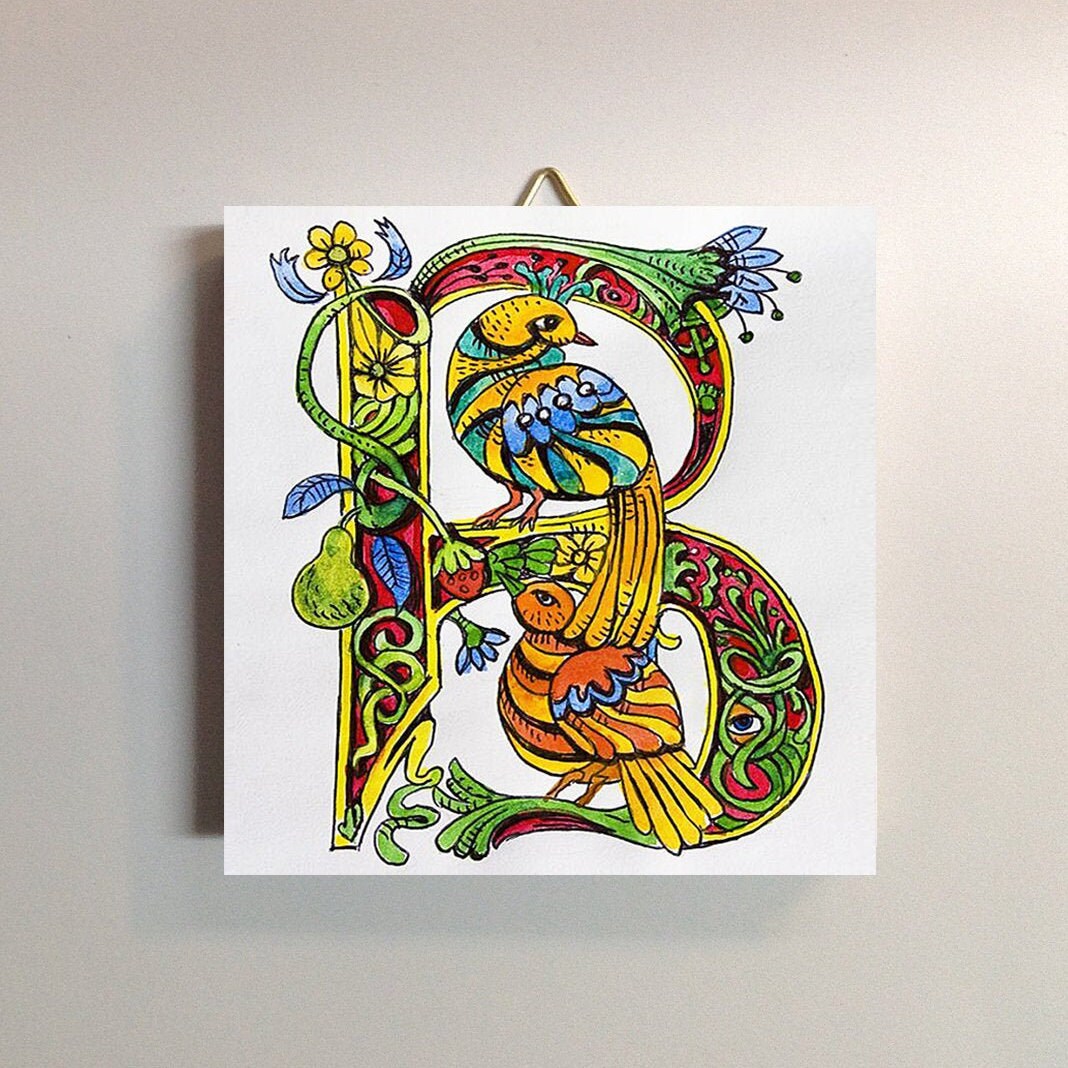 Illuminated manuscript letter B ceramic tile | Etsy
