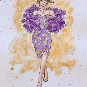 Peut inclure: Illustration &agrave; l'aquarelle d'un design de mode avec une robe violette &agrave; motifs floraux jaunes. La robe a un col &agrave; volants et une jupe portefeuille. Le mod&egrave;le porte des sandales jaunes et un collier dor&eacute;.