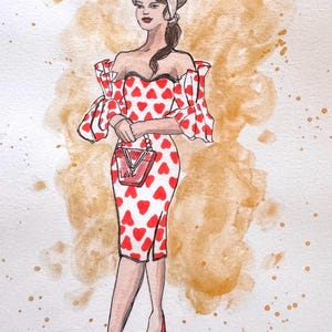 Peut inclure: Illustration &agrave; l'aquarelle d'une femme dans une robe &agrave; motifs de c&oelig;urs rouges et blancs avec des manches &eacute;paules nues. Elle porte un sac &agrave; main rouge avec "LOVE" et des chaussures rouges. Le fond a des &eacute;claboussures d'aquarelle marron.
