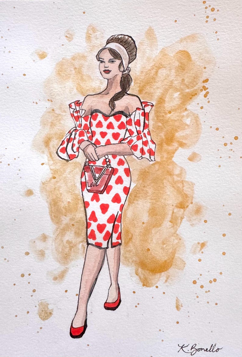 Peut inclure: Illustration &agrave; l'aquarelle d'une femme dans une robe &agrave; motifs de c&oelig;urs rouges et blancs avec des manches &eacute;paules nues. Elle porte un sac &agrave; main rouge avec "LOVE" et des chaussures rouges. Le fond a des &eacute;claboussures d'aquarelle marron.
