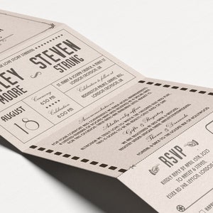 Digitale Tri Fold Film Hochzeitseinladung, personalisierte Kino Theater Ticket, Filmliebhaber Hochzeit Briefpapier, Art Deco Gatsby Hochzeit