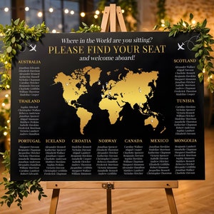 Sitzplan zum Thema Reisen, Sitzplan für Hochzeit, Sitzplan der Weltkarte, Hochzeitsdeko zum Thema Reisen, schwarzes Tableau