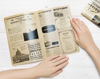 新聞の結婚式招待状、パーソナライズされたテーマの結婚式小冊子、カスタム写真スケッチストーリー招待状、レトロをテーマにした結婚式の文房具