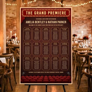 May include: A large seating plan for a wedding or event, featuring a dark brown background and gold lettering. The text reads "The Grand Premiere" and lists names under movie-themed titles. The event date is September 25, 2026, at The Great Kingsbury Theatre, London.