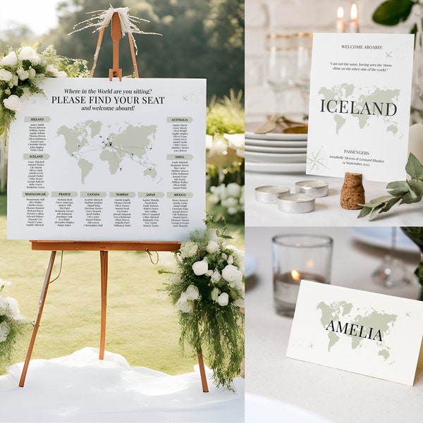 Reise-Thema Hochzeit Briefpapier, benutzerdefinierten Hochzeit am Zielort, Sitzplan Tischkarten Tischkarten, Tableau Sitzplan