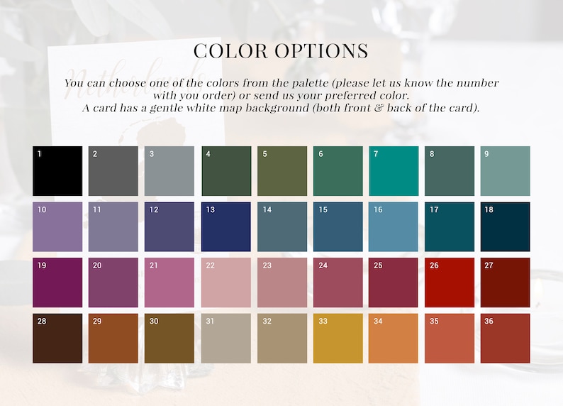 May include: A colour chart with 36 different colour swatches. The swatches are arranged in a grid of 6 rows and 6 columns. Each swatch is numbered from 1 to 36. The text "COLOR OPTIONS" is at the top of the chart.