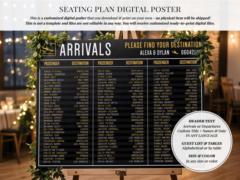 Airport Board Seating Plan, Custom Travel-Themed Wedding Seating Chart image 2