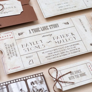 Invito a nozze per film cinematografici, biglietto personalizzato per il vecchio teatro, cancelleria per matrimoni per amanti del cinema, matrimonio Art Deco Gatsby, pellicola personalizzata