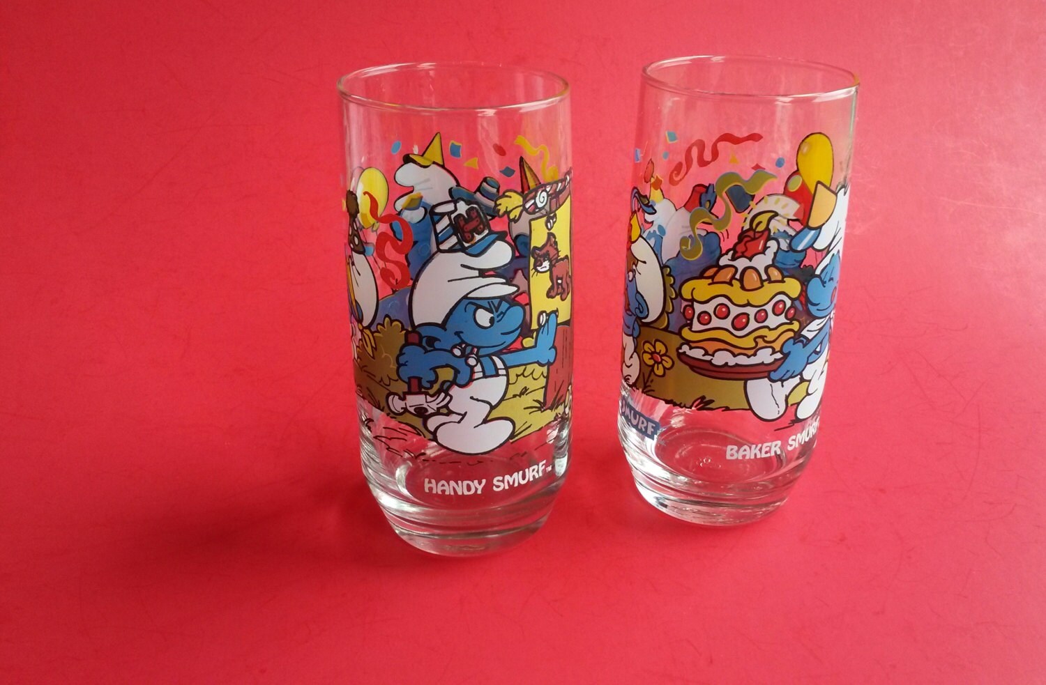 Vintage 1982 Smurf Glasses Cups Smurfette Handy Smurf Peyer Wallace Berrie /& Co