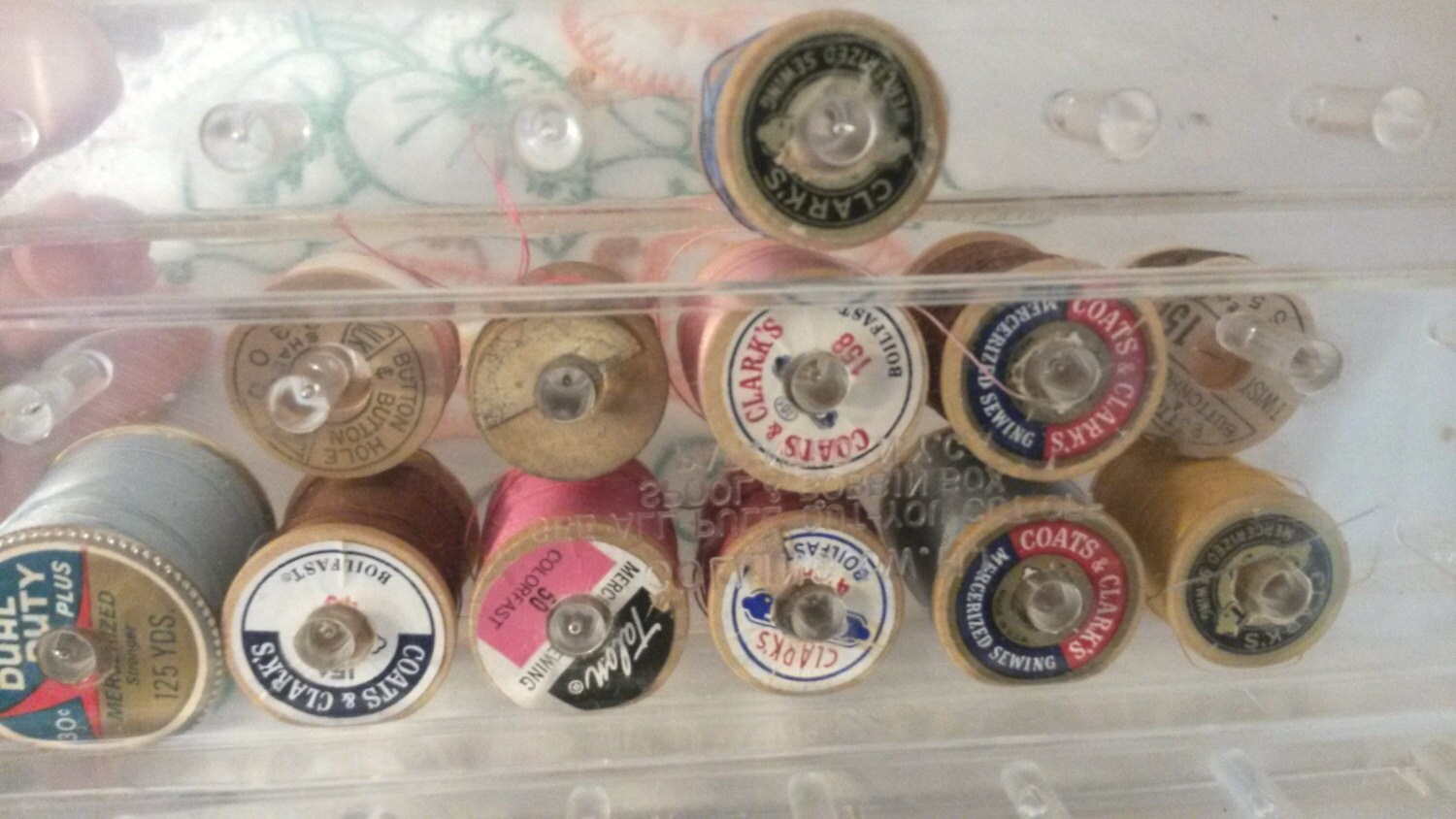 Sewing Thread Box Clear Plastic With 12 Wood Thread Spools Etsy