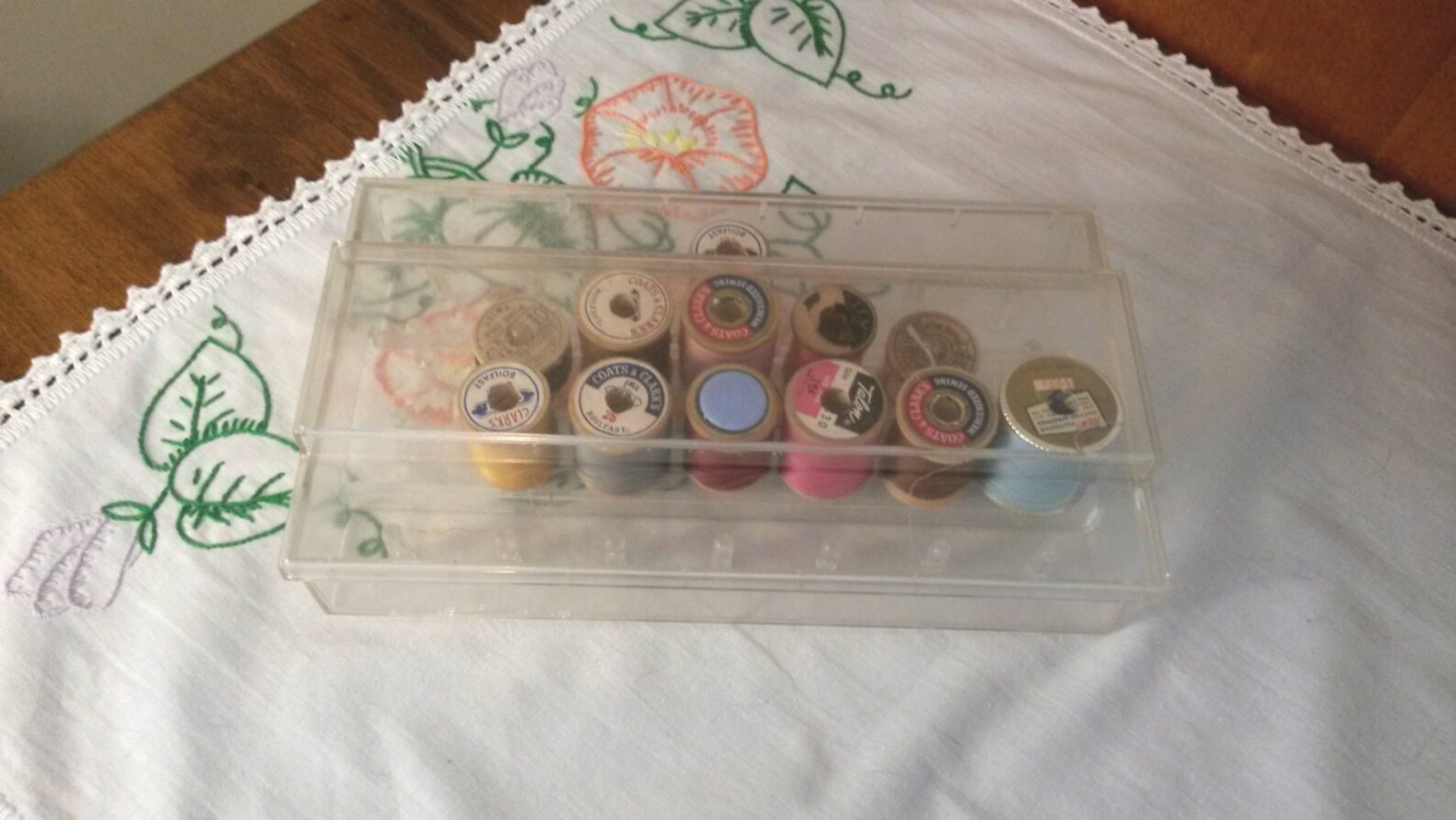 Sewing Thread Box Clear Plastic With 12 Wood Thread Spools Etsy
