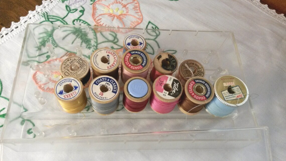 Sewing Thread Box Clear Plastic With 12 Wood Thread Spools Etsy