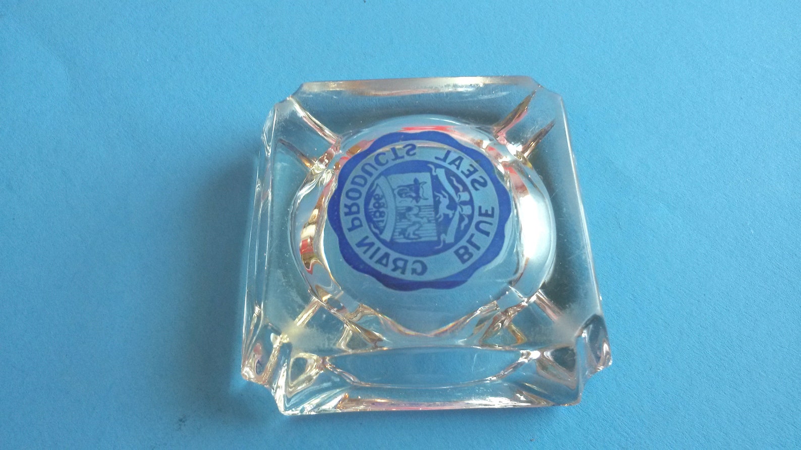 Vintage Heavy Glass Ashtray Business Ashtray Blue Seal Grain Etsy