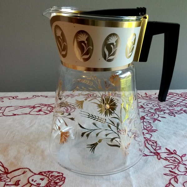 Vintage David Douglas Glass Coffee Carafe, 10 cup Gold Flower Glass Coffee Pot, Gold and Black Glass Carafe