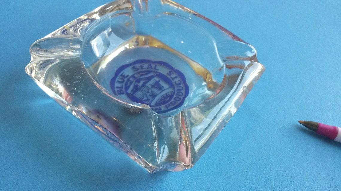 Vintage Heavy Glass Ashtray Business Ashtray Blue Seal Grain Etsy