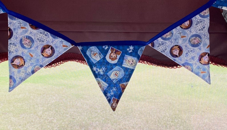 May include: A blue and white fabric banner with a snowflake pattern and images of characters from the movie Frozen. The banner is strung up with blue ribbon.