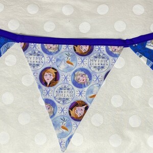 May include: A blue and white fabric banner with a Frozen theme. The banner has a purple trim and features images of Elsa, Anna, Olaf, and other characters from the movie. The banner says "Mythic Journey" on it.
