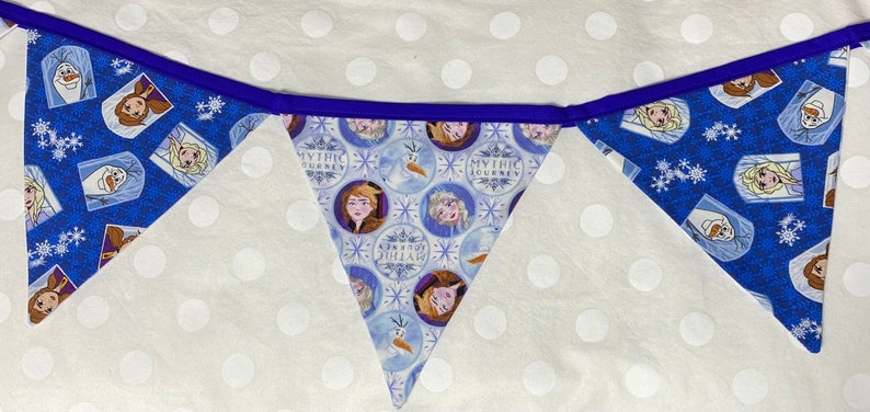 May include: A blue and white fabric banner with a Frozen theme. The banner has a purple trim and features images of Elsa, Anna, Olaf, and other characters from the movie. The banner says "Mythic Journey" on it.
