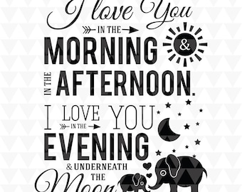 SVG "Te amo, luna de la mañana": Arte infantil con elefantes (descarga digital)