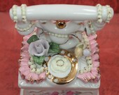 Vintage Porcelain Telephone Trinket Box - Ribbons Ruffles Flowers - Metallic Gold - Trinket Jewelry Boudoir Box - Lidded China Box - 4 quot x 3 quot