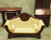 3 pcs Vintage Doll House Furniture - 1 12 Scale - Victorian Settee Sofa - Chippendale Drop Front Desk - Fire Place - Hand Made - Wooden