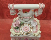 Vintage Porcelain Telephone Trinket Box - Ribbons Ruffles Flowers - Old Fashioned Trinket Jewelry Boudoir Box - Lidded China Box - 4 quot x 3 quot