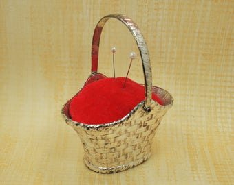 Vintage Pin Cushion - Decorative Silver Metal Basket - Red Velvet Cushion - Sewing Notions - Shabby Chic - Pin Cushion - 1 3/8" x 4 1/4"